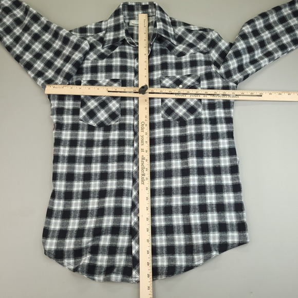 Wrangler Wrancher Shirt Men Medium Regular Fit Black White Plaid Pearl Snap Soft - Picture 7 of 12